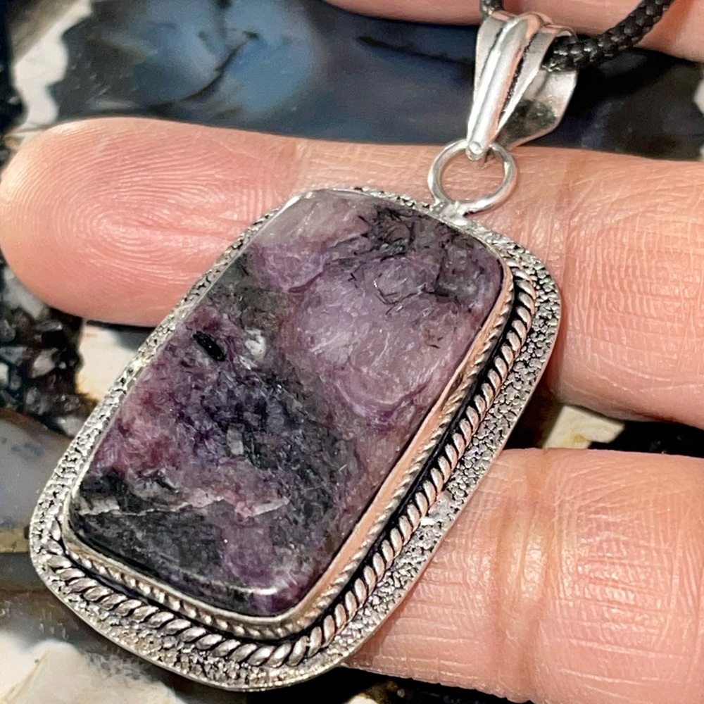 Rectangular Shape Charoite Pendant 2 1/4” - Picture 3 of 12